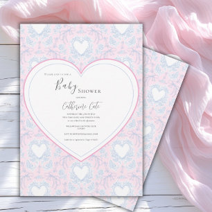 Invitación Fiesta de Bebé Corazón Caprichoso Azul Rosa
