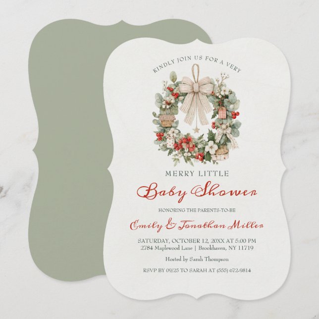 Invitación Fiesta de Bebé Corona de Navidad Alegre (Anverso / Reverso)