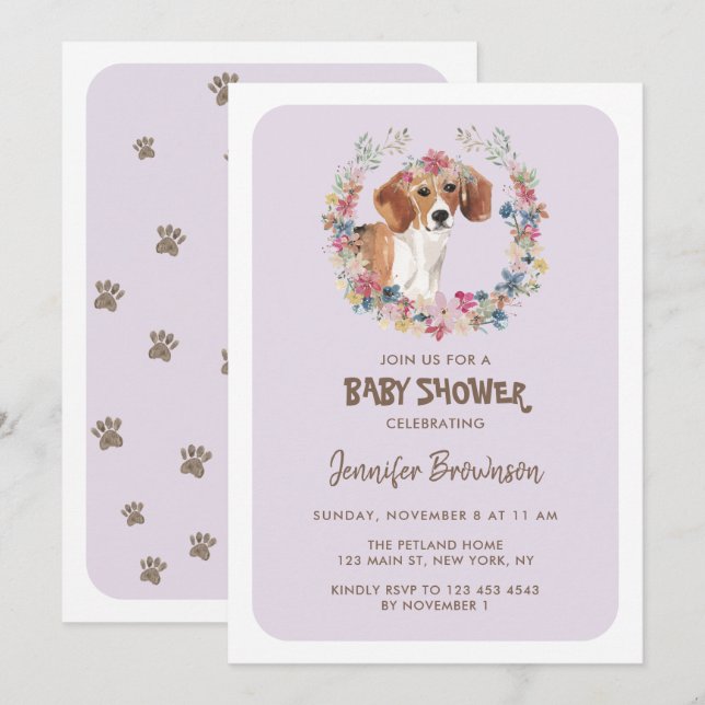 Invitación Fiesta de Bebé Corona Floral Perro Beagle (Anverso / Reverso)