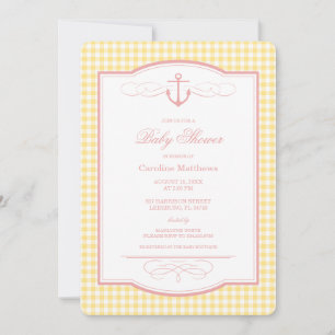 Invitación Fiesta de Bebé Costera Preppy con Cuadros Rosados 