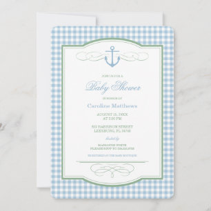 Invitación Fiesta de Bebé Costera Preppy de Cuadros Azules y 