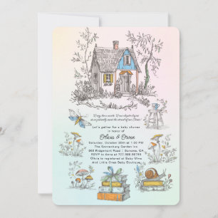 Invitación Fiesta de Bebé Cottagecore Champiñones Gemelos