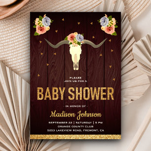 Invitación Fiesta de Bebé Cráneo de Vaca Floral Tribal Boho
