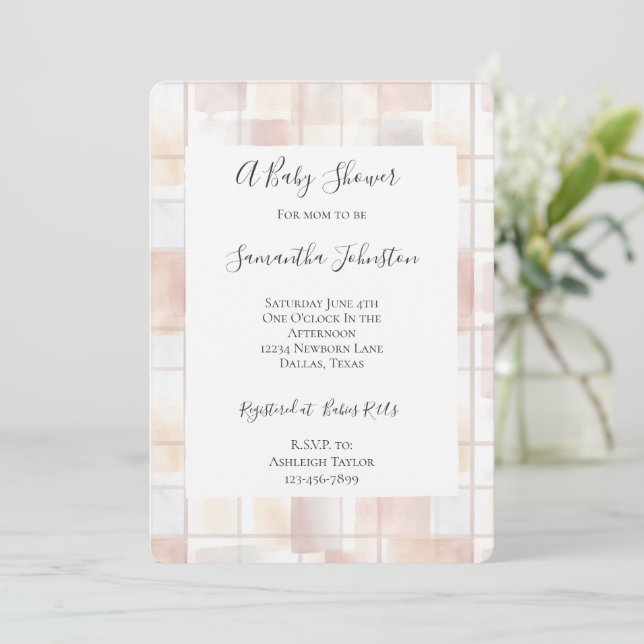 Invitación Fiesta de Bebé Cuadrados Rosa Melocotón (Anverso de pie)