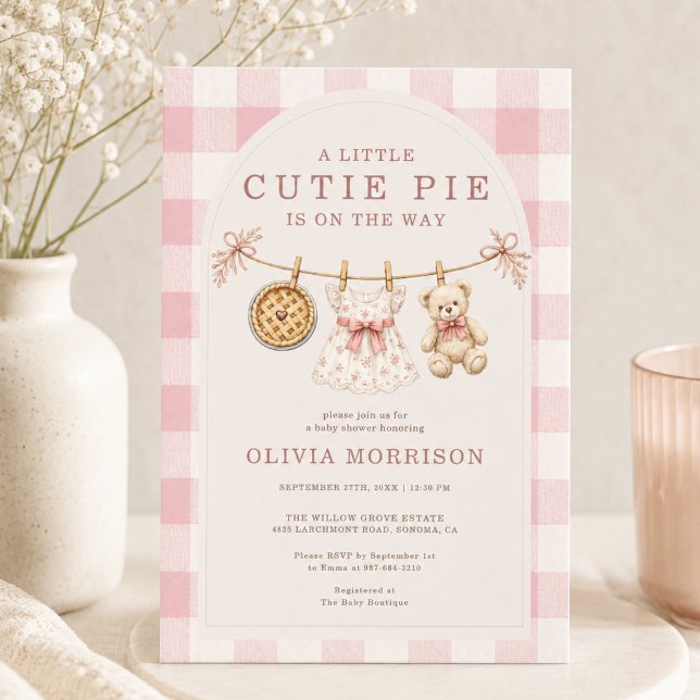 Invitación Fiesta de Bebé Cuadros de Ropa Rosa Cutie Pie (Subido por el creador)