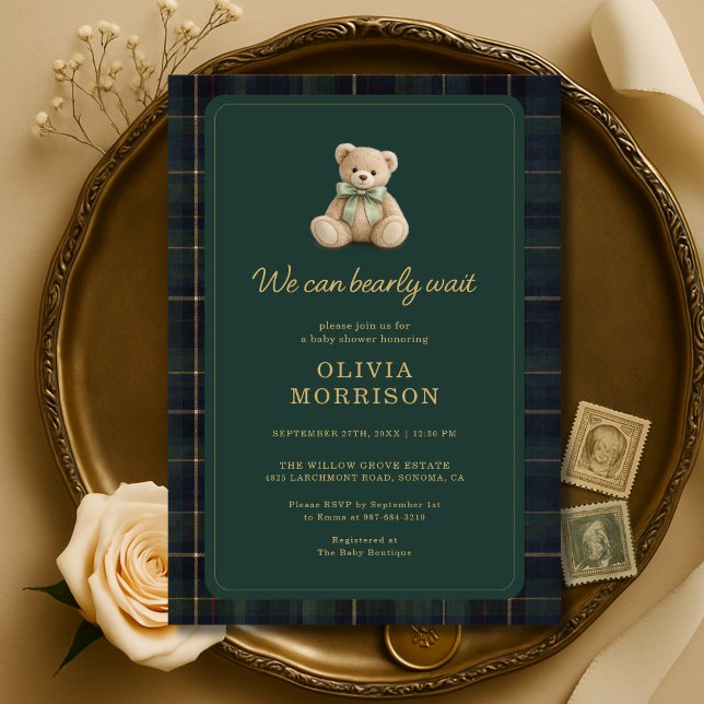 Invitación Fiesta de Bebé Cuadros Verde Bearly Wait (Subido por el creador)
