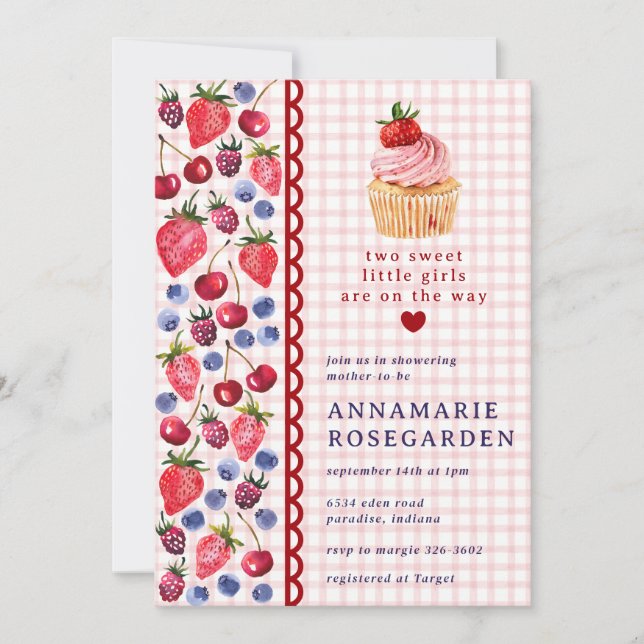 Invitación Fiesta de Bebé Cupcake del Parche de Bayas Rojas 0 (Anverso)