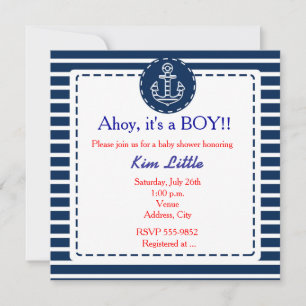 Invitación Fiesta de Bebé de Ancla Náutica con Rayas Azules