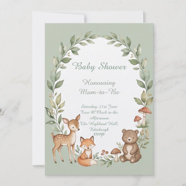 Invitación Fiesta de Bebé de Animales del Bosque (Anverso)