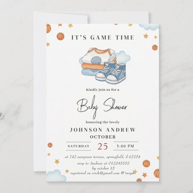 Invitación Fiesta de Bebé de Baloncesto Simple Personalizada (Anverso)