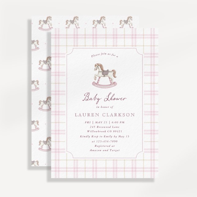 Invitación Fiesta de Bebé de Caballo de Balanza Rosa Preppy (Subido por el creador)