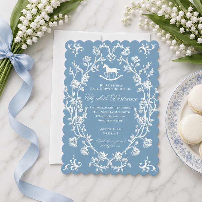 Invitación Fiesta de Bebé de Caballo Mecedor Azul Wedgewood E (Preppy Wedgewood Blue Baby Shower Invitation)