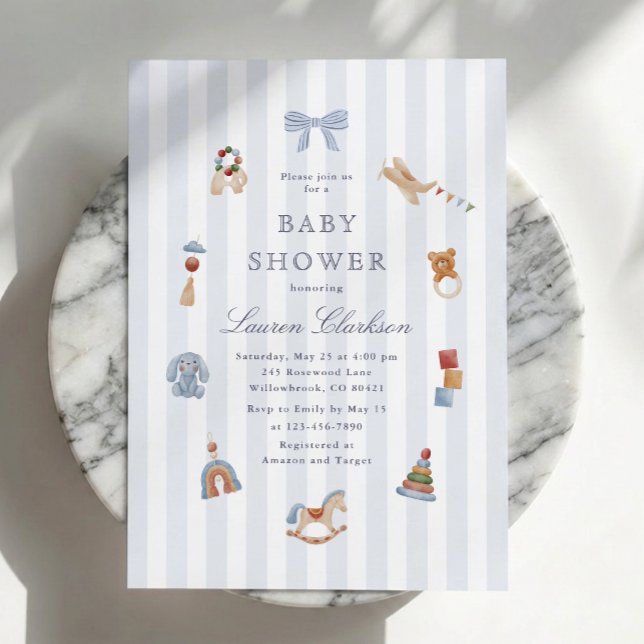 Invitación Fiesta de Bebé de Caballo Mecedor de Rayas Azules  (Subido por el creador)