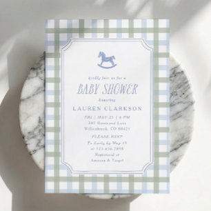 Invitación Fiesta de Bebé de Caballo Mecedor Preppy Azul y Cu