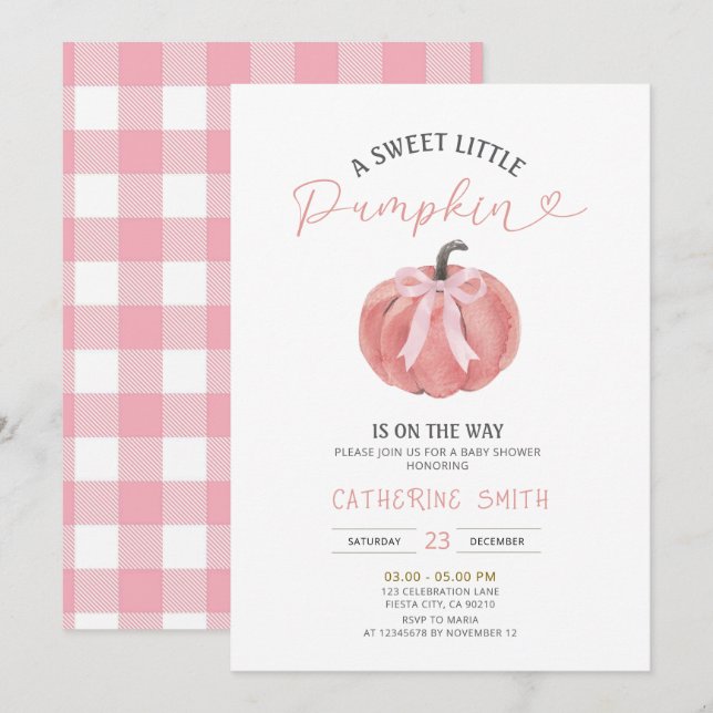 Invitación Fiesta de Bebé de Calabaza con Lazo Rosa de Otoño (Anverso / Reverso)