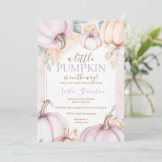 Invitación Fiesta de bebé de calabaza púrpura de otoño en acu