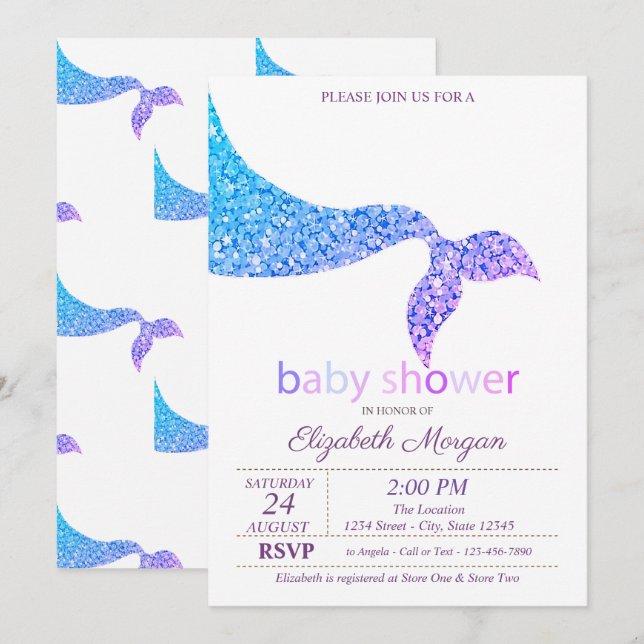 Invitación Fiesta de Bebé de Cola de Sirena Adorable (Anverso / Reverso)