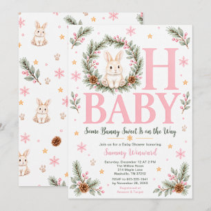 Invitación Fiesta de Bebé de Conejo de Invierno Rosa