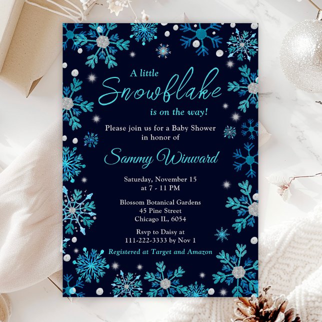 Invitación Fiesta de Bebé de Copos de Nieve Azules y Plateado (Subido por el creador)