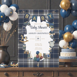 Invitación Fiesta de Bebé de Cuadro Azul Marino Clásico