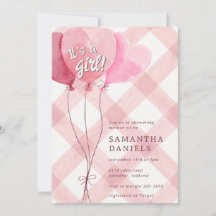 Invitación Fiesta de Bebé de Cuadros con Globo de Corazón Roj
