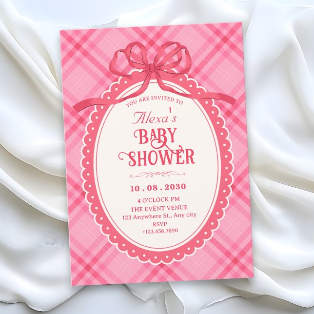 Invitación Fiesta de bebé de cuadros con lazo rosa (Subido por el creador)