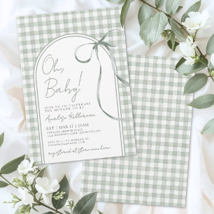 Invitación Fiesta de Bebé de Cuadros con Lazo Verde Salvia