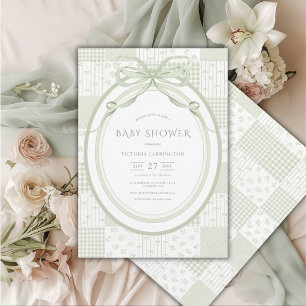 Invitación Fiesta de Bebé de Cuadros de Patchwork Verde Vinta
