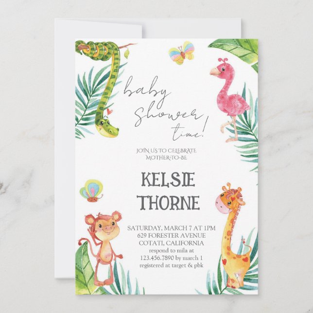 Invitación Fiesta de Bebé de Fauna de la Jungla (Anverso)