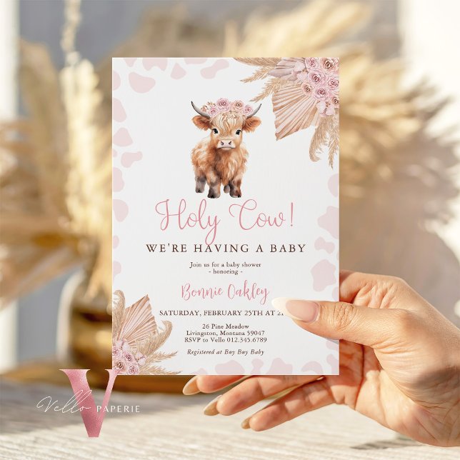 Invitación Fiesta de Bebé de Flor Seca Boho Vaca Sagrada Rosa (Subido por el creador)