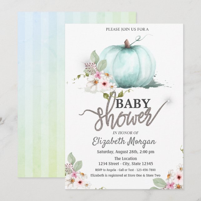 Invitación Fiesta de Bebé de Flores de Calabaza con Acuarela  (Anverso / Reverso)