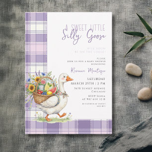Invitación Fiesta de Bebé de Flores de Gingham Morado Silly G