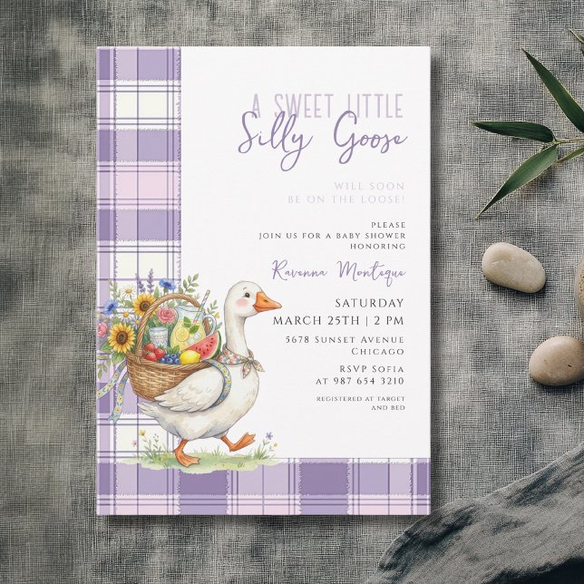Invitación Fiesta de Bebé de Flores de Gingham Morado Silly G (Subido por el creador)