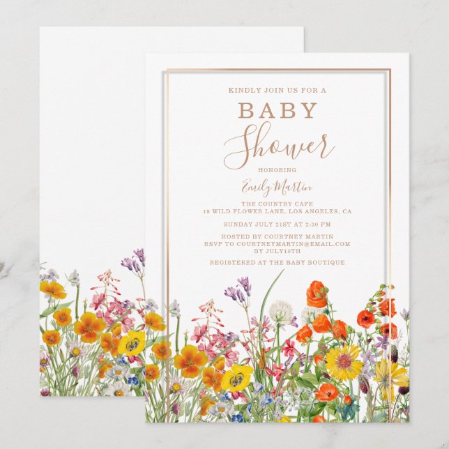 Invitación Fiesta de Bebé de Flores Silvestres Campestres Eco (Anverso / Reverso)