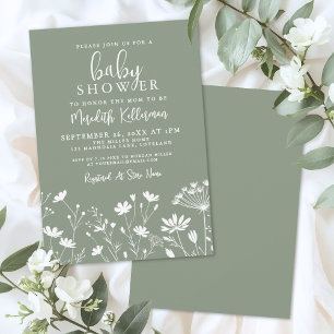 Invitación Fiesta de Bebé de Flores Silvestres Verde Salvia