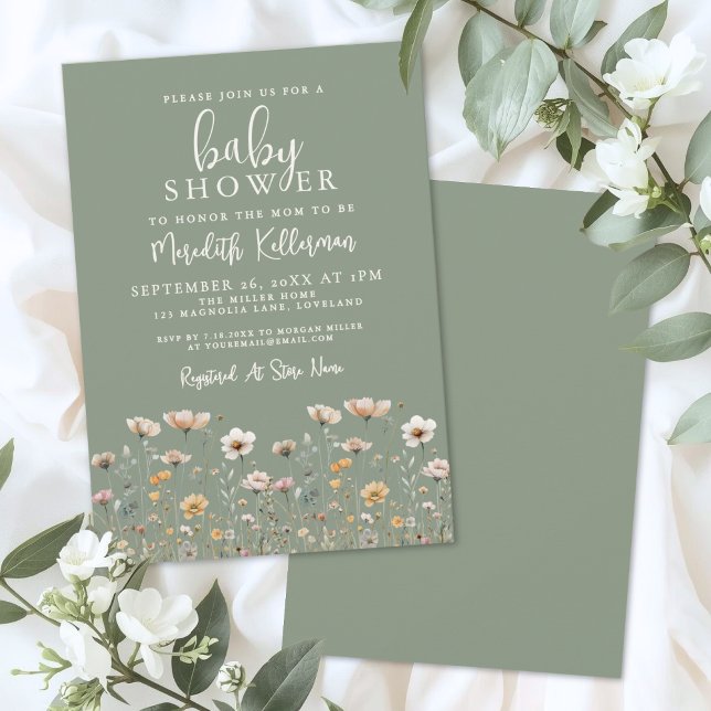 Invitación Fiesta de Bebé de Flores Silvestres Verde Salvia (Sage Green Wildflower Baby Shower Invitation)