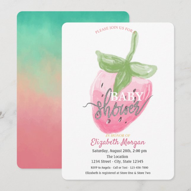 Invitación Fiesta de Bebé de Fresa con Acuarela Fresca (Anverso / Reverso)