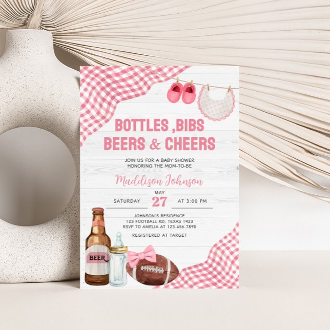 Invitación Fiesta de Bebé de Fútbol Rosa (Bottles, Bibs, Beers & Cheers Baby Shower Invitation)