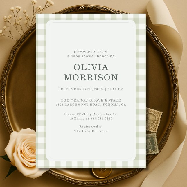Invitación Fiesta de Bebé de Gingham Neutro en Verde Salvia (Subido por el creador)