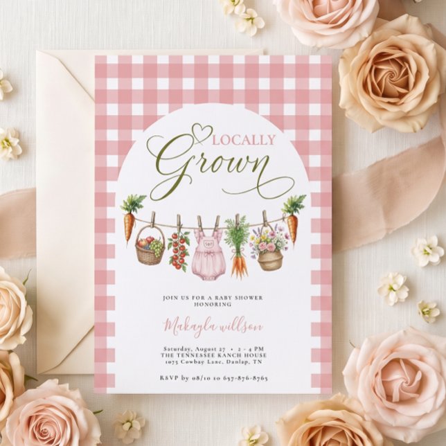 Invitación Fiesta de Bebé de Gingham Rosa Localmente Cosechad (Subido por el creador)
