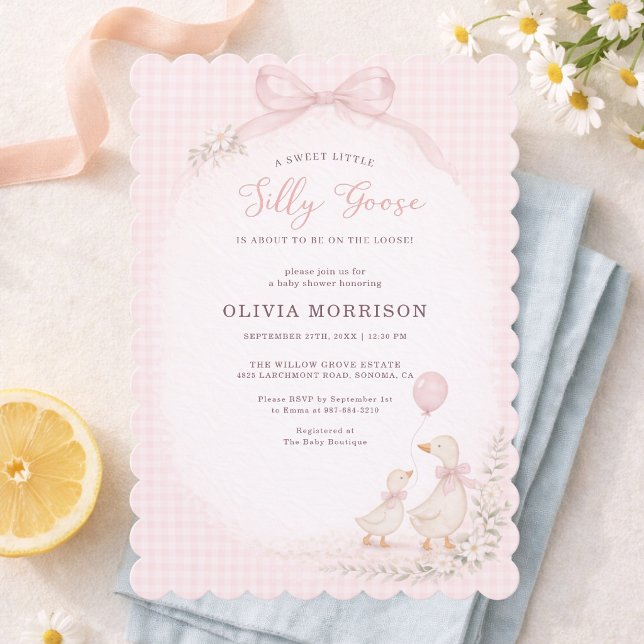Invitación Fiesta de Bebé de Gingham Rosa Silvestre Ganso Sue (Subido por el creador)