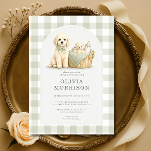 Invitación Fiesta de Bebé de Gingham Verde Salvia Cachorro