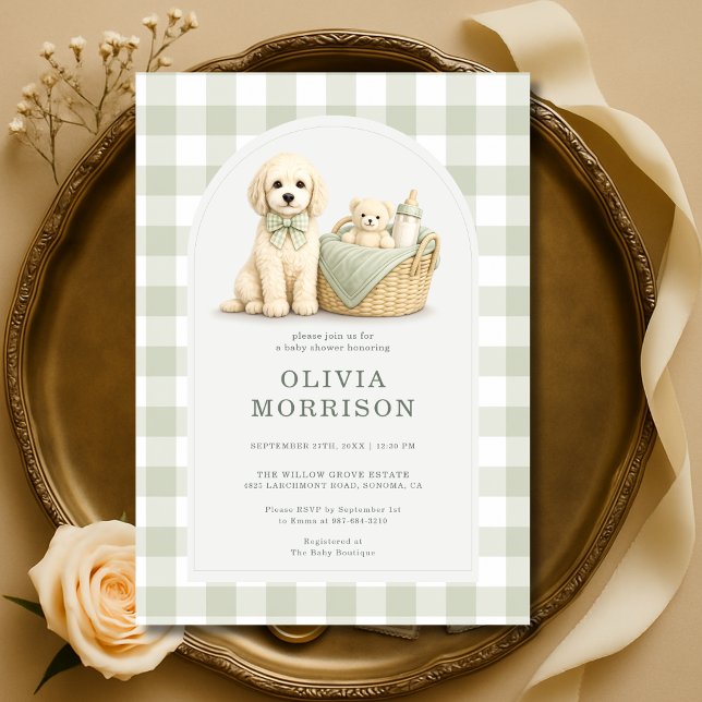 Invitación Fiesta de Bebé de Gingham Verde Salvia Cachorro (Subido por el creador)
