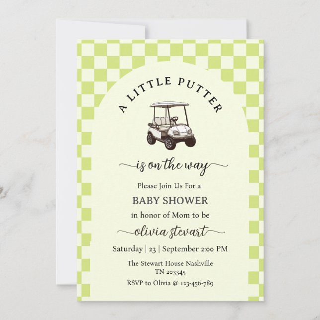 Invitación Fiesta de bebé de golf con putter encendido con gu (Anverso)