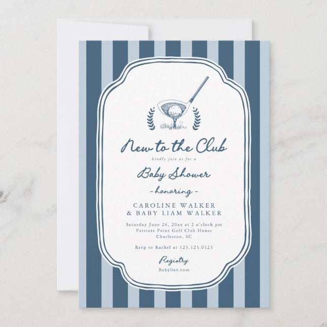 Invitación Fiesta de Bebé de Golf con Rayas Elegantes Nuevo e (Anverso)