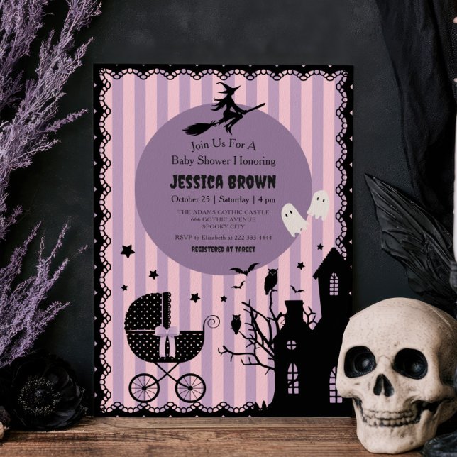 Invitación Fiesta de Bebé de Halloween Bruja Cochecito Gótico (Subido por el creador)