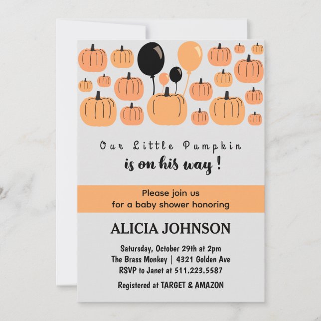 Invitación Fiesta de bebé de Halloween de otoño de calabaza (Anverso)