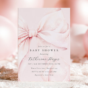 Invitación Fiesta de Bebé de Invierno con Lazo Rosa Nevado