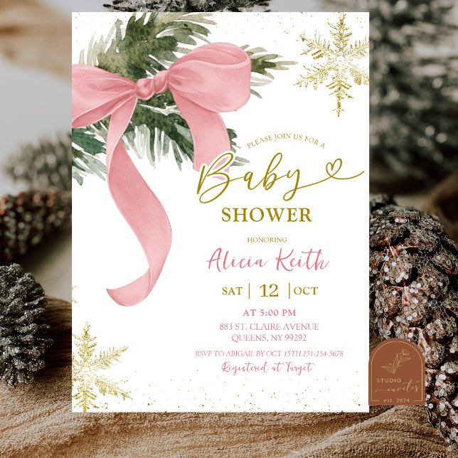Invitación Fiesta de Bebé de Invierno Coquette con Lazo Rosa  (Subido por el creador)