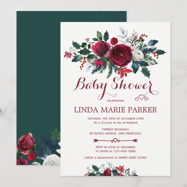 Invitación Fiesta de bebé de invierno floral verde pino de Bo (Anverso / Reverso)